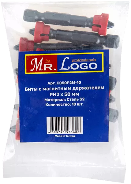 Бита с магнитным держателем PH2*50мм Сталь S2 (10шт.) PE Bag Mr. Log C050P2M-10 - интернет-магазин «Стронг Инструмент» город Челябинск